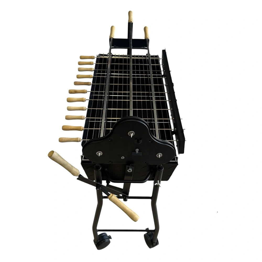 Top view of Cyprus rotisserie BBQ showing multiple skewers installed