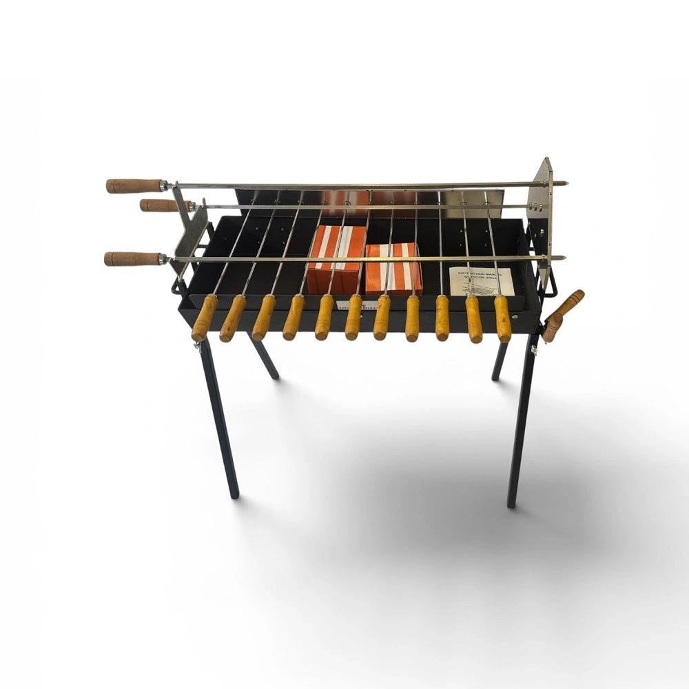 Angled view of Cyprus spit BBQ showing skewer layout and rotisserie system
