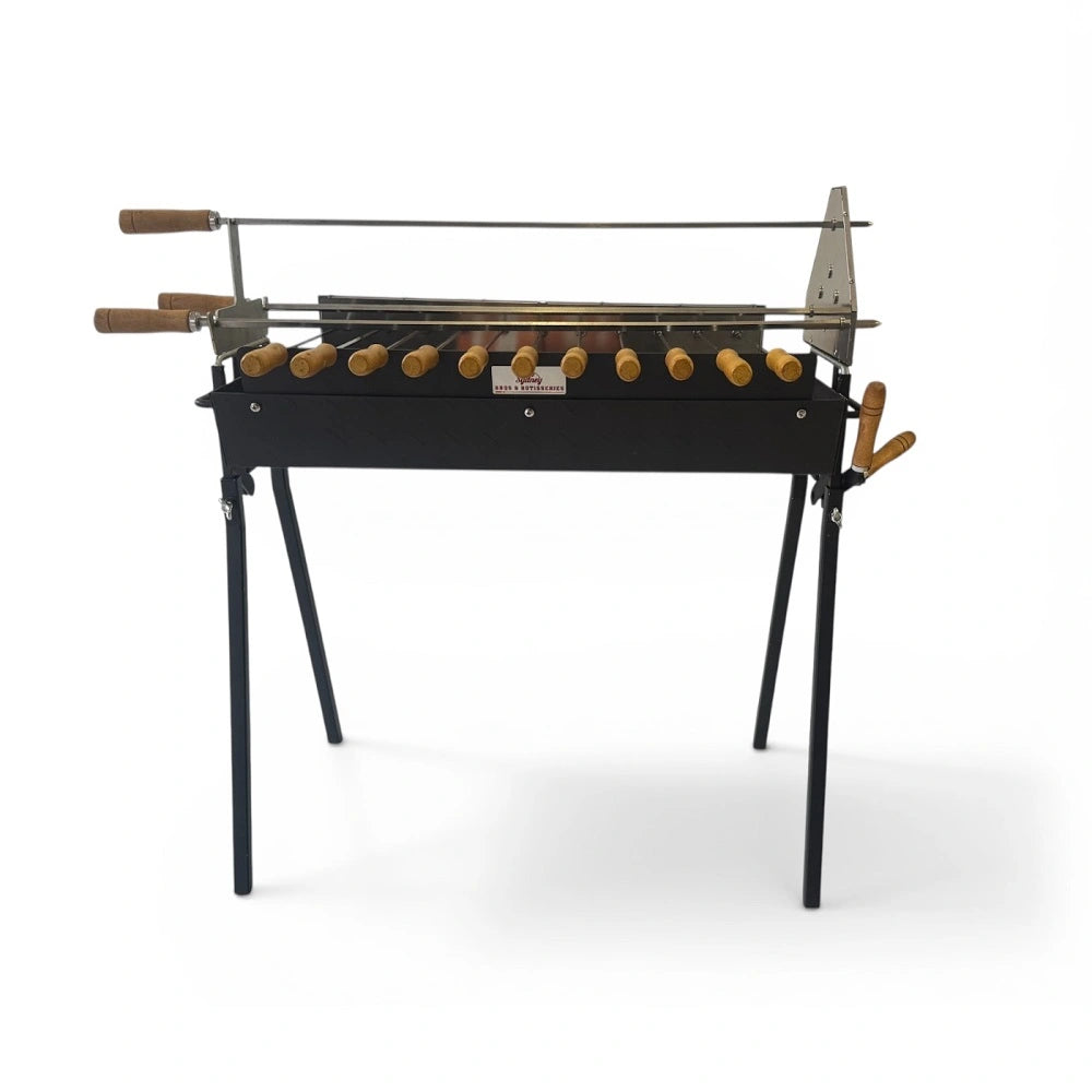 Cyprus spit souvla charcoal BBQ front view with skewers and rotisserie setup