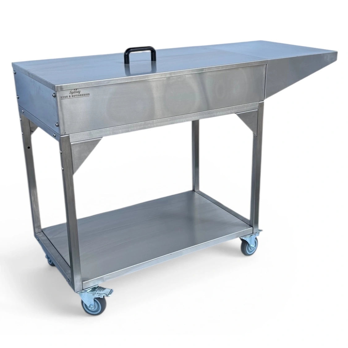 Family Barbecue HD charcoal BBQ angled view showing reinforced legs and shelf