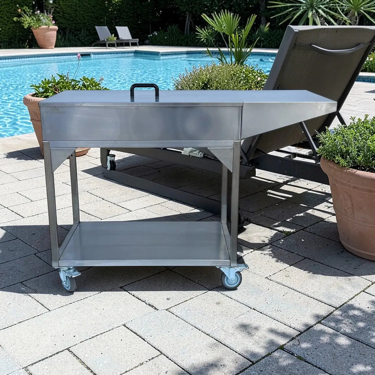 Family Barbecue HD charcoal BBQ poolside setup with heavy duty stainless steel frame