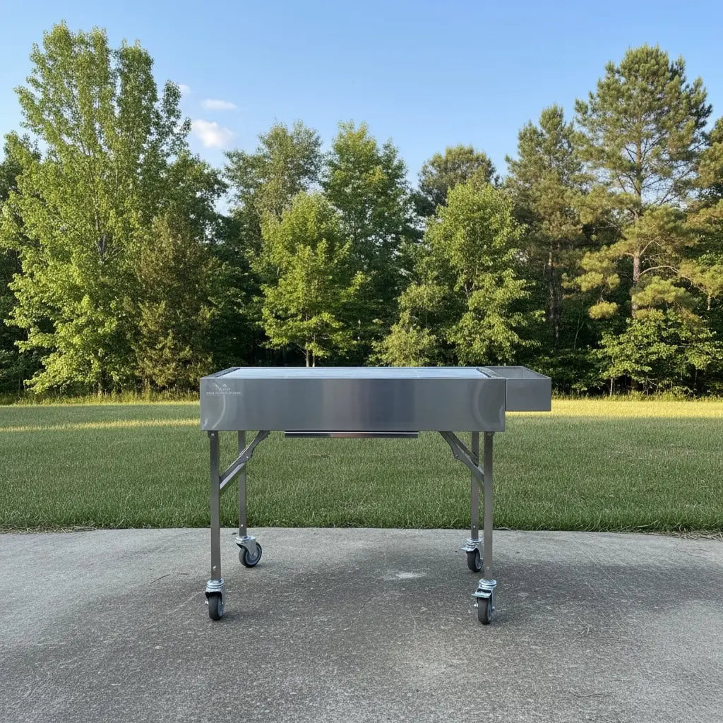 Family Portable BBQ on concrete with green outdoor background