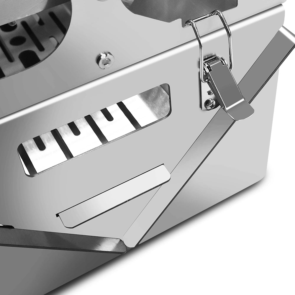 Close-up of air vent and locking mechanism on stainless steel flip grill
