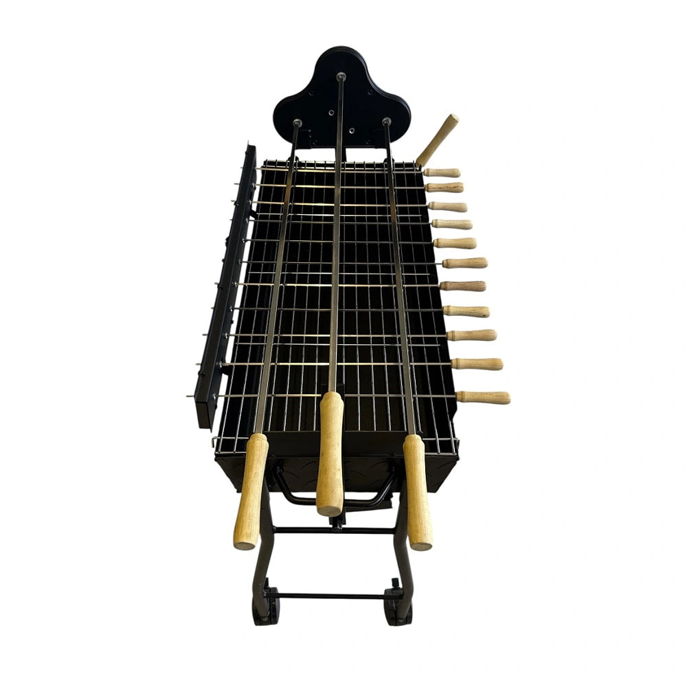 Front view of Cyprus charcoal BBQ showing all rotisserie skewers