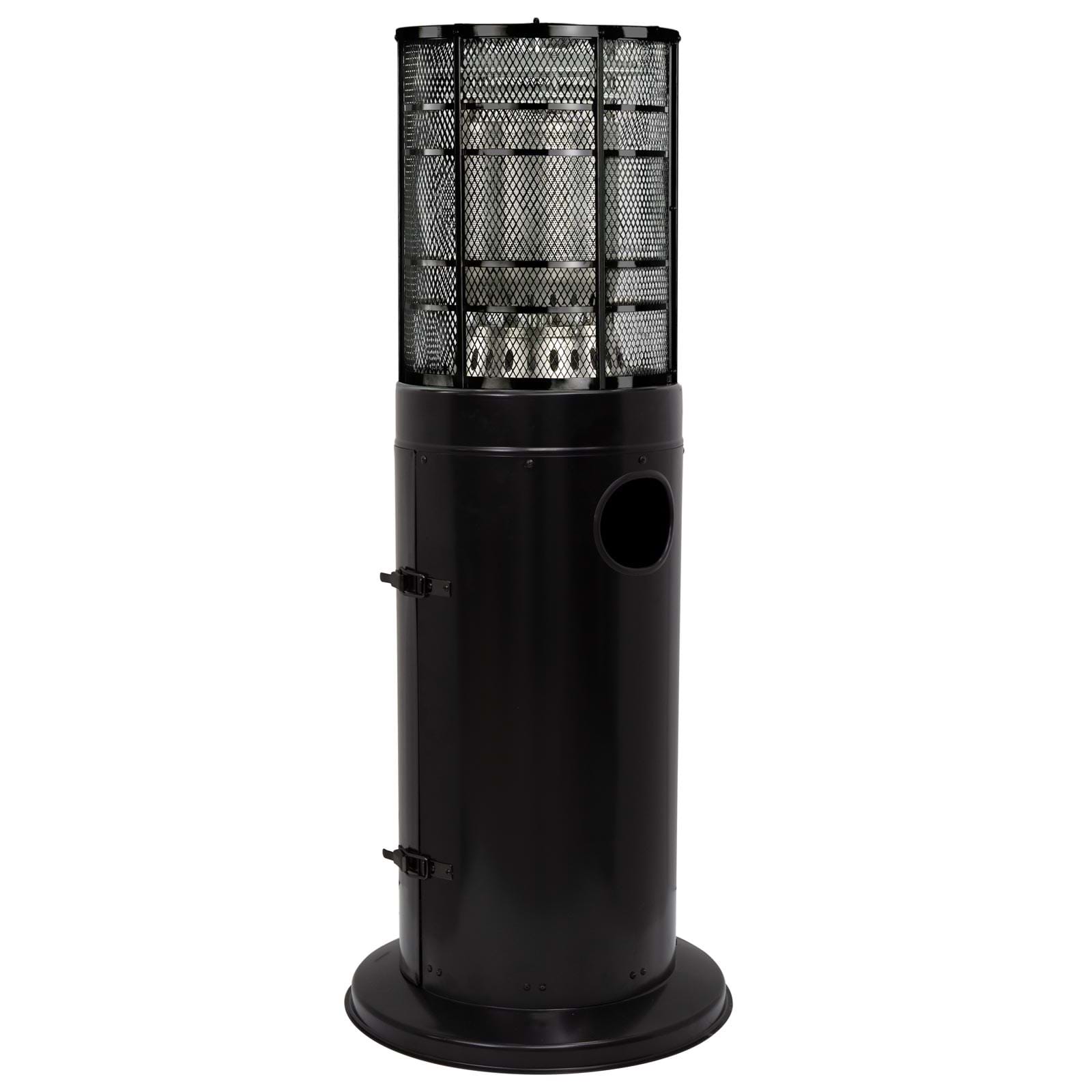 Close-up of black Gasmate Stellar Deluxe outdoor gas heater showing burner and safety grill