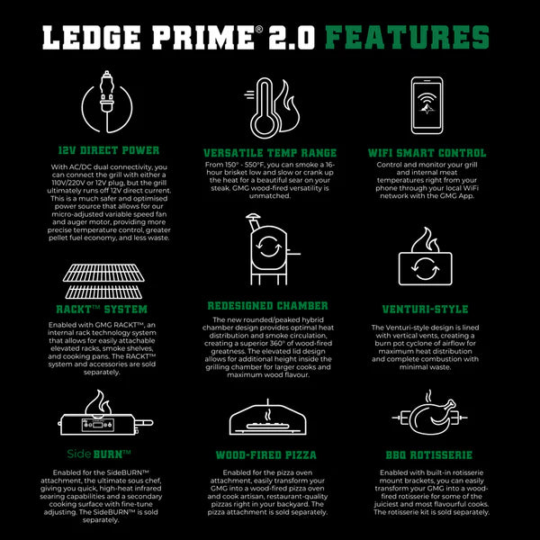 Feature list for GMG Ledge Prime 2.0 WiFi Pellet Grill