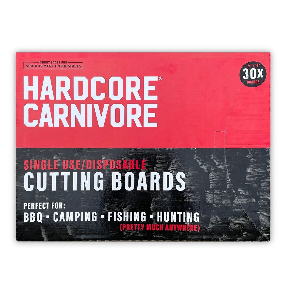 Hardcore Carnivore disposable cutting boards 30 pack retail packaging for BBQ and camping use