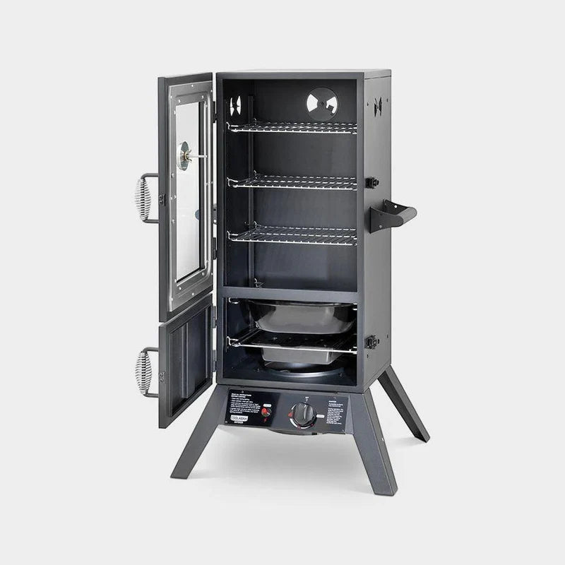 Hark 2 Door Gas Smoker with doors open showing adjustable cooking shelves, water pan and wood chip box