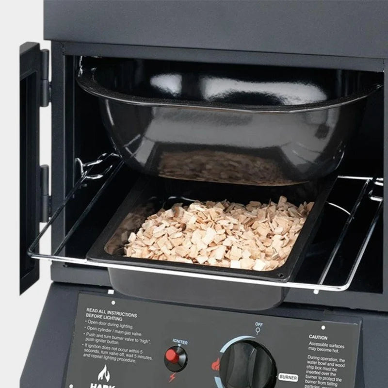 Hark 2 Door Gas Smoker lower chamber with enamel coated water pan and wood chip box