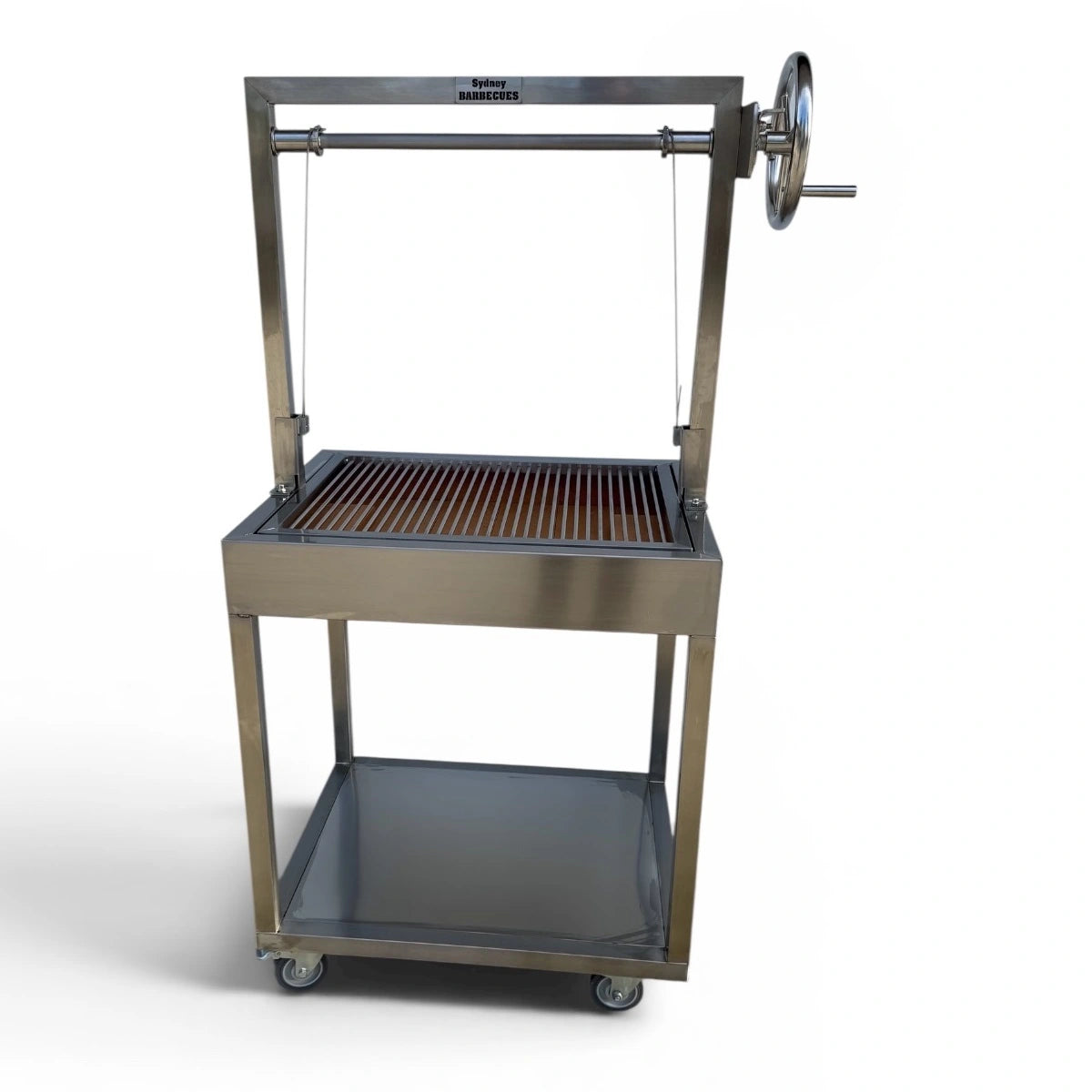 Heavy duty Parrilla BBQ with adjustable round bar grill, charcoal cooking chamber, and lower storage shelf.