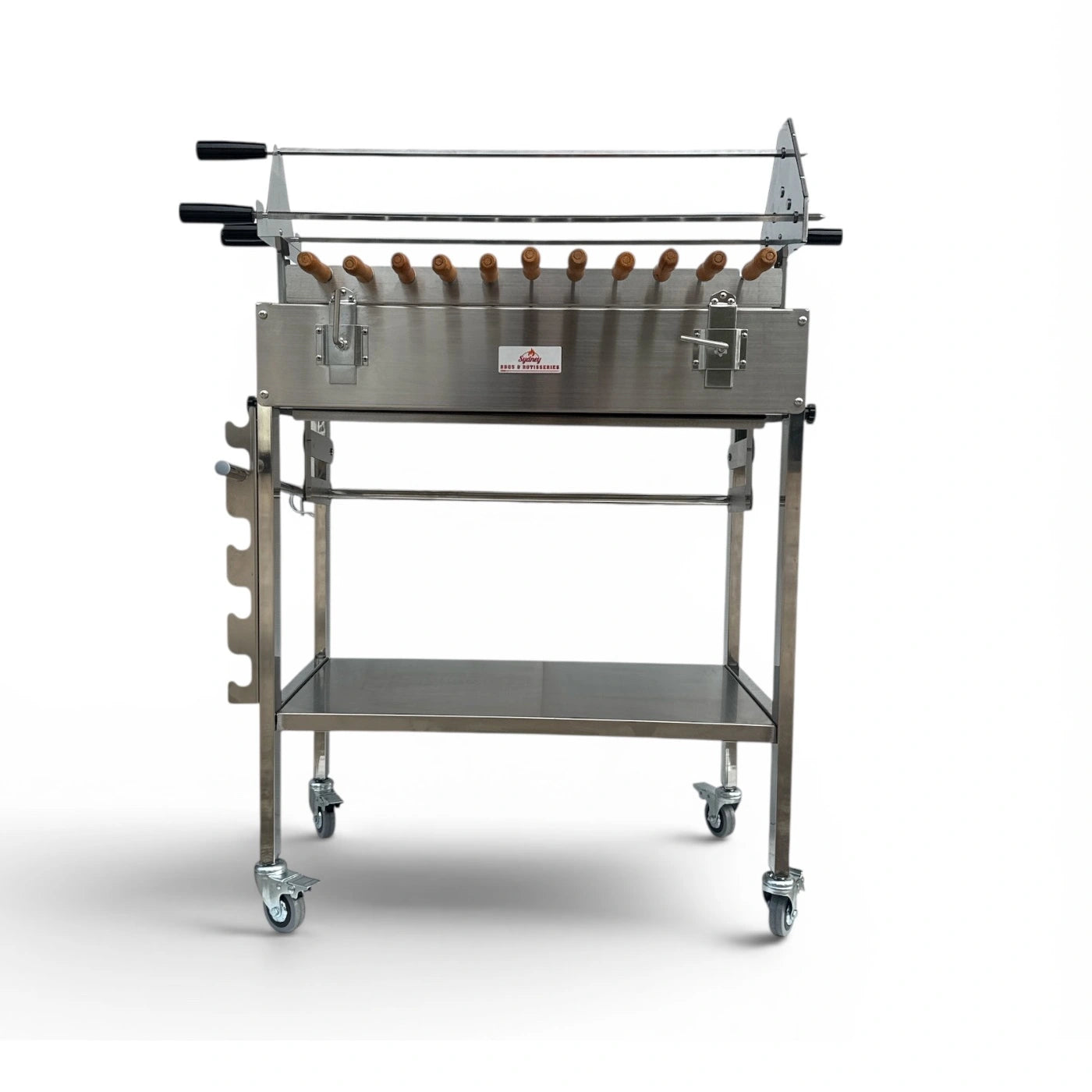 Height adjustable mini rotisserie grill stainless steel charcoal BBQ front view with multi skewer setup and wheeled stand