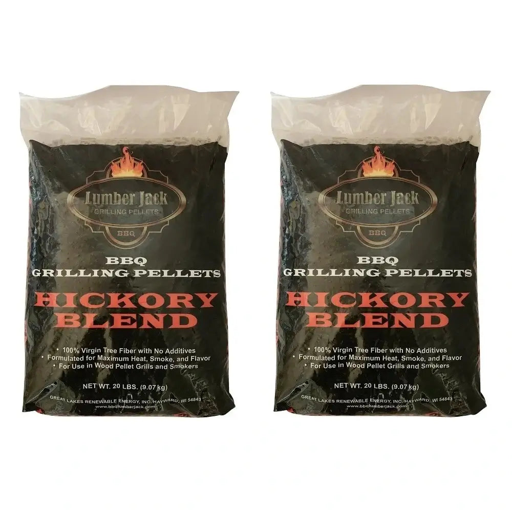 Two bags of Lumber Jack BBQ Grilling Pellets Hickory Blend on a white background