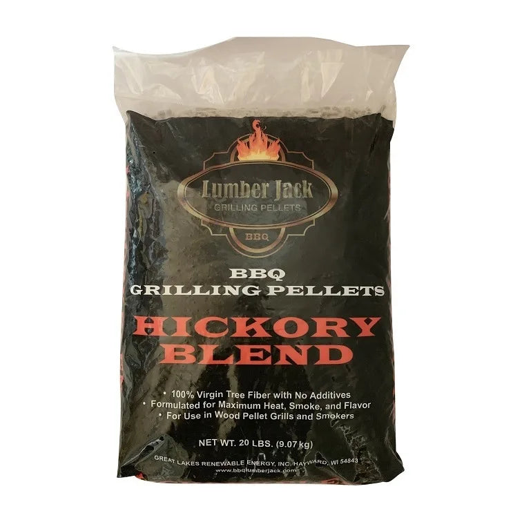 Bag of Lumber Jack BBQ Grilling Pellets Hickory Blend on a white background