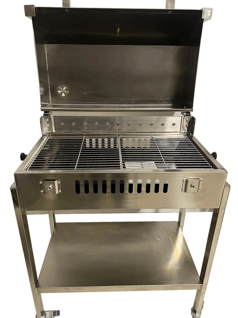 Charcoal mini rotisserie grill with hood up