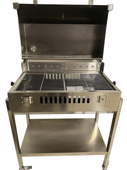Charcoal mini rotisserie grill with hood up
