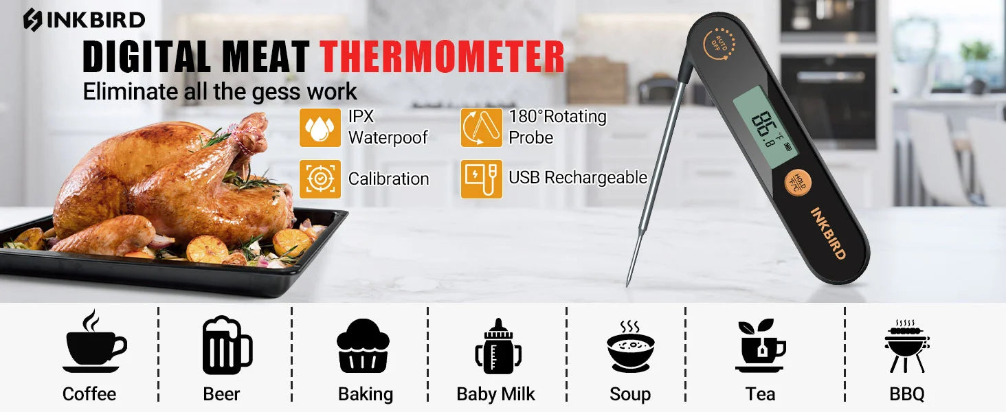 Inkbird digital meat thermometer temperature guide for chicken, beef, baking, baby milk, soup and tea