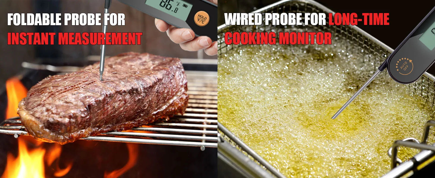 Inkbird thermometer showing foldable probe for instant readings and wired probe for cooking monitoring