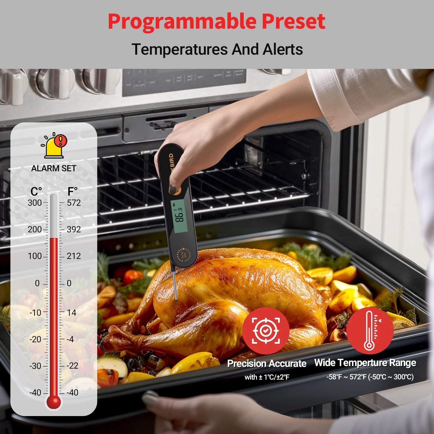 Inkbird IHT 1X digital thermometer checking the internal temperature of roast chicken