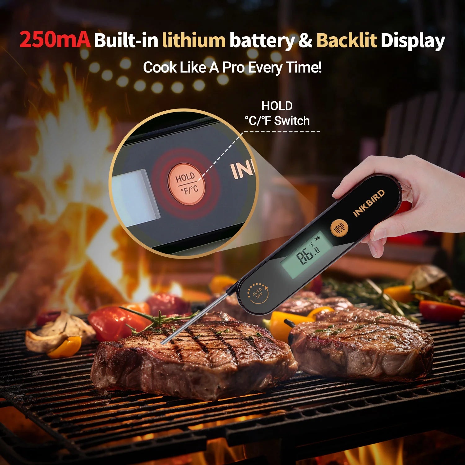 Inkbird IHT 1X rechargeable digital meat thermometer checking steak temperature