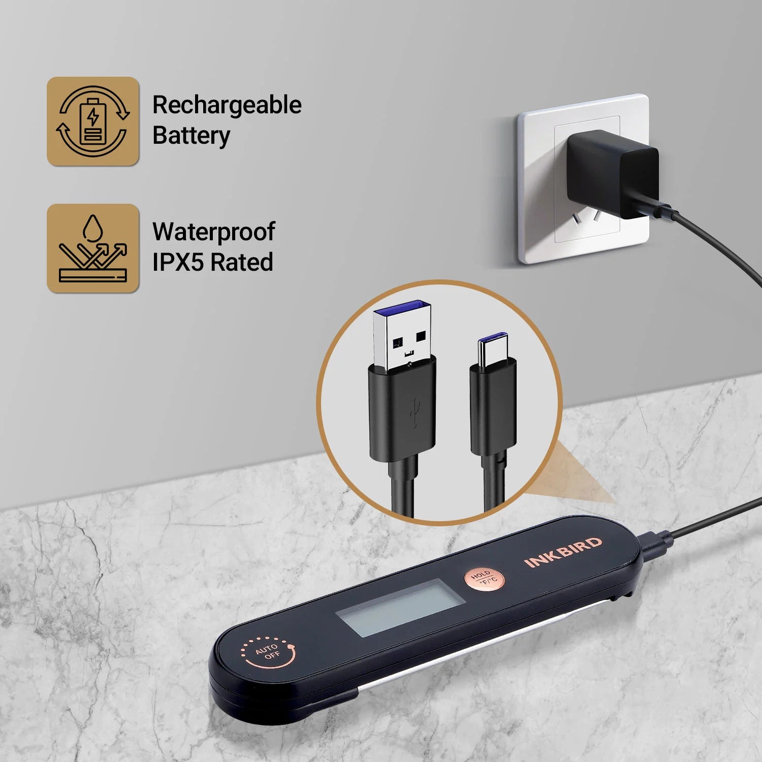 Inkbird IHT 1X rechargeable digital meat thermometer checking steak temperature