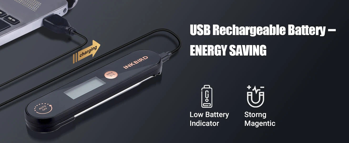 Inkbird IHT 1X USB rechargeable thermometer showing low battery indicator and magnetic storage