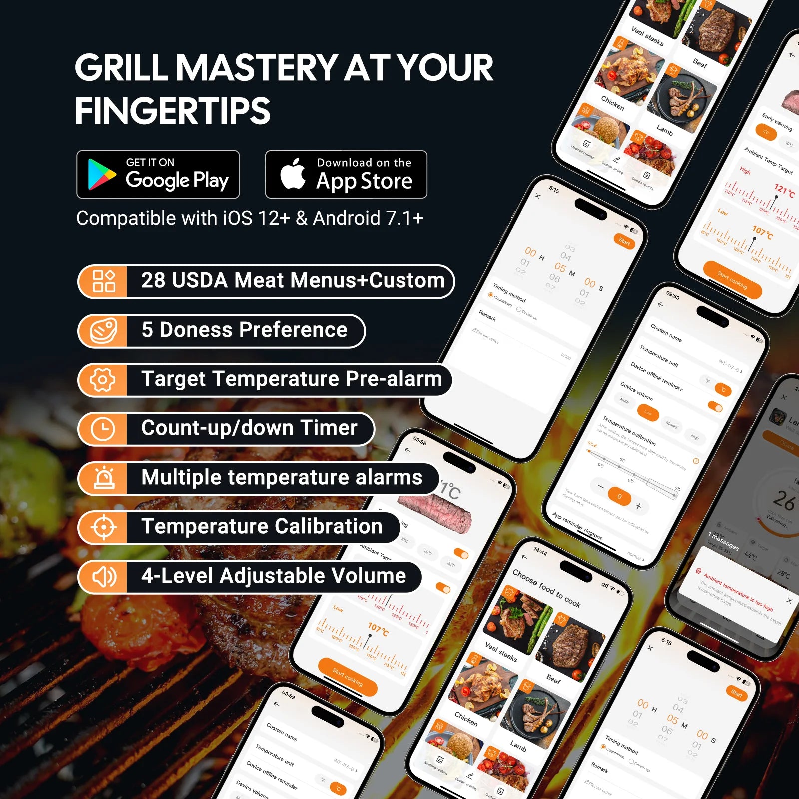 INKBIRD INT 11S B app showing BBQ temperature monitoring, alarms, presets and cooking controls