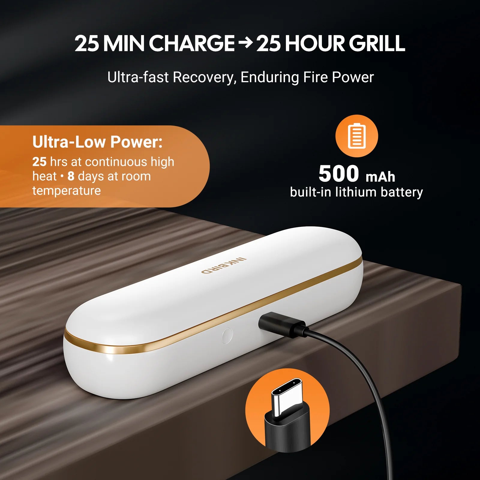INKBIRD INT 11S B charging case with 25 minute fast charging and up to 25 hours cooking time