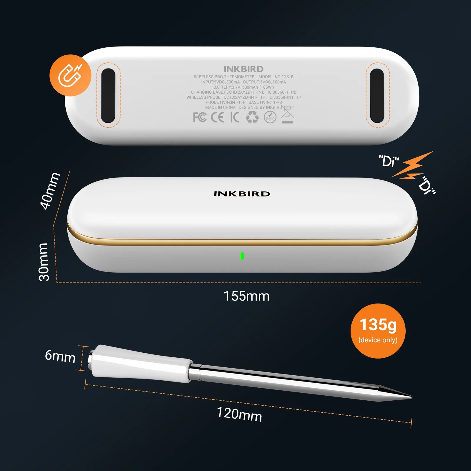 INKBIRD INT 11S B wireless meat probe and charging case dimensions