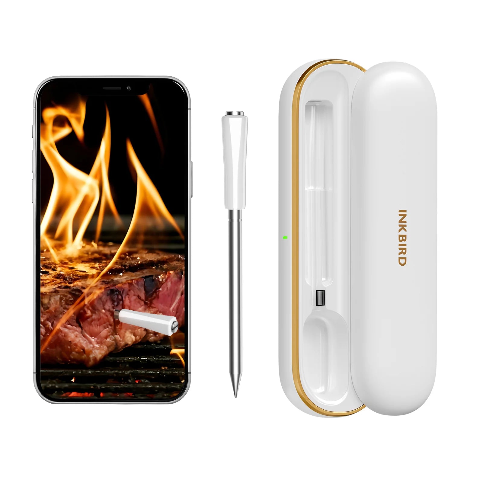 INKBIRD INT 11S B wireless BBQ thermometer probe and charging case beside a smartphone
