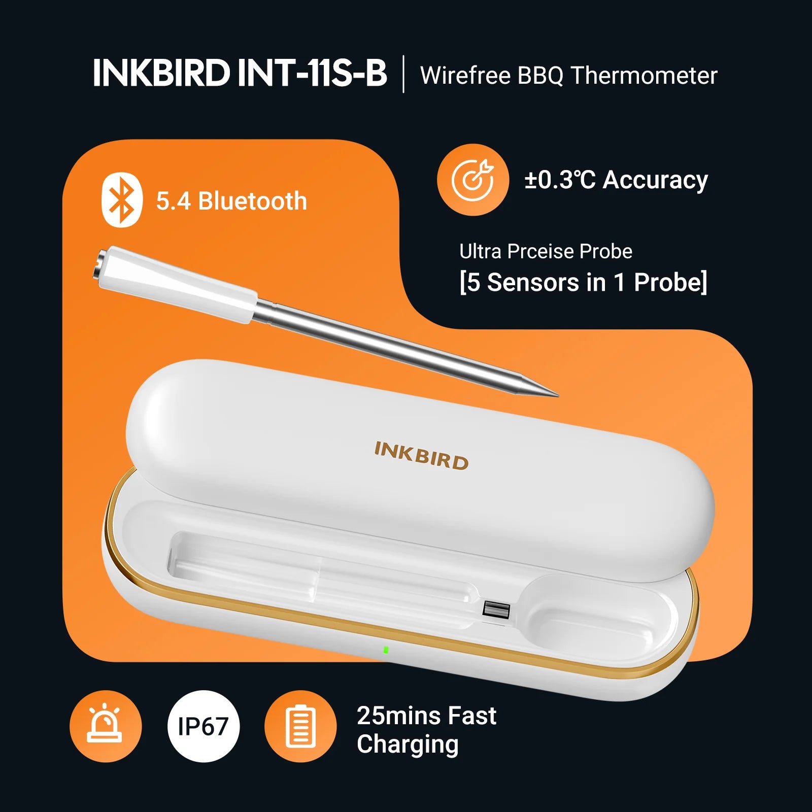 INKBIRD INT 11S B wireless BBQ thermometer with Bluetooth 5.4, five sensors, IP67 protection and fast charging