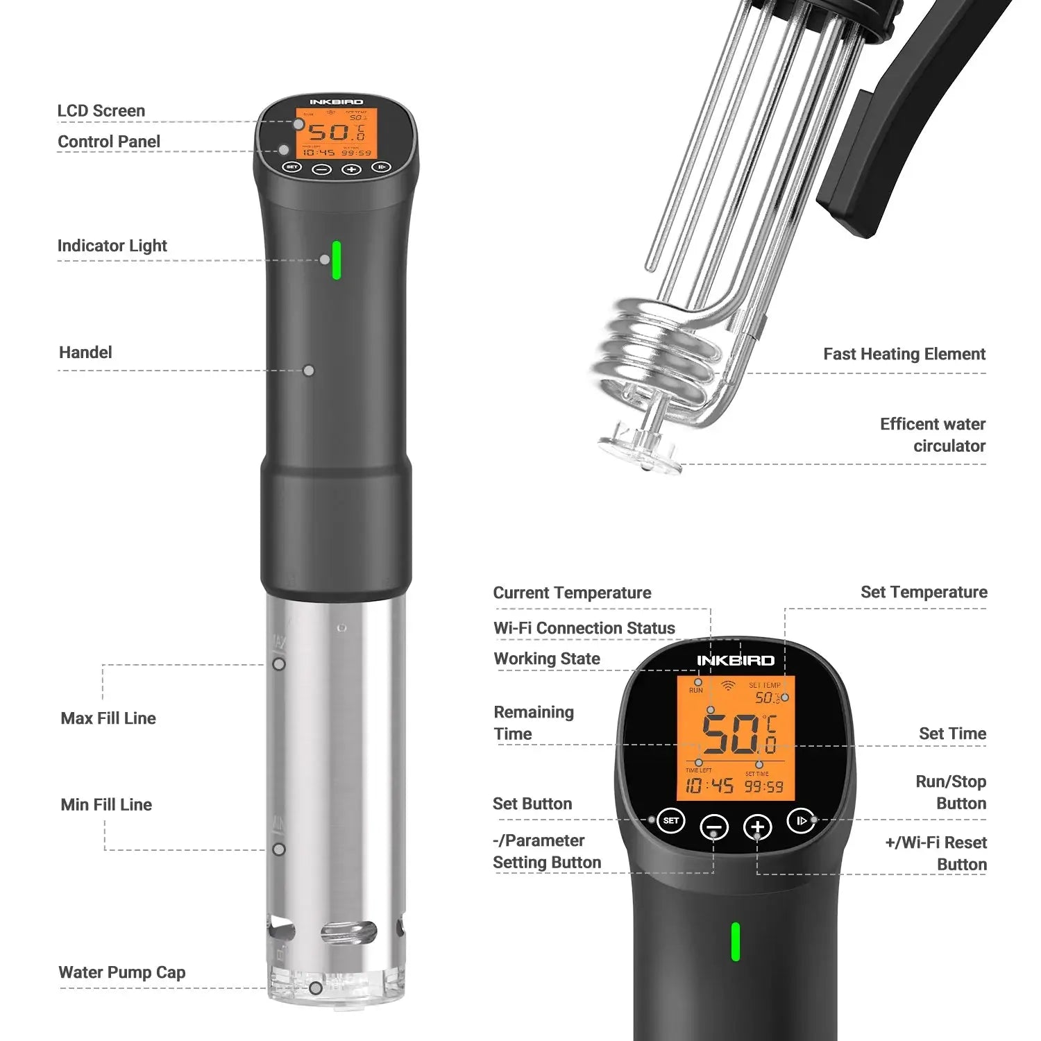Inkbird WiFi sous vide cooker with LCD temperature display
