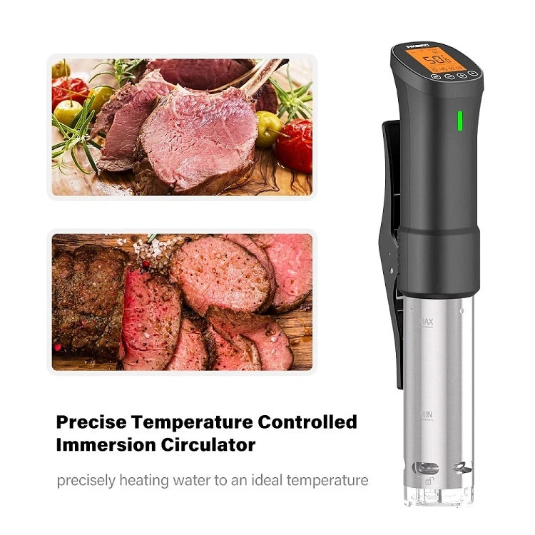 Inkbird WiFi sous vide cooker ISV-200W with roast beef showing precise temperature control