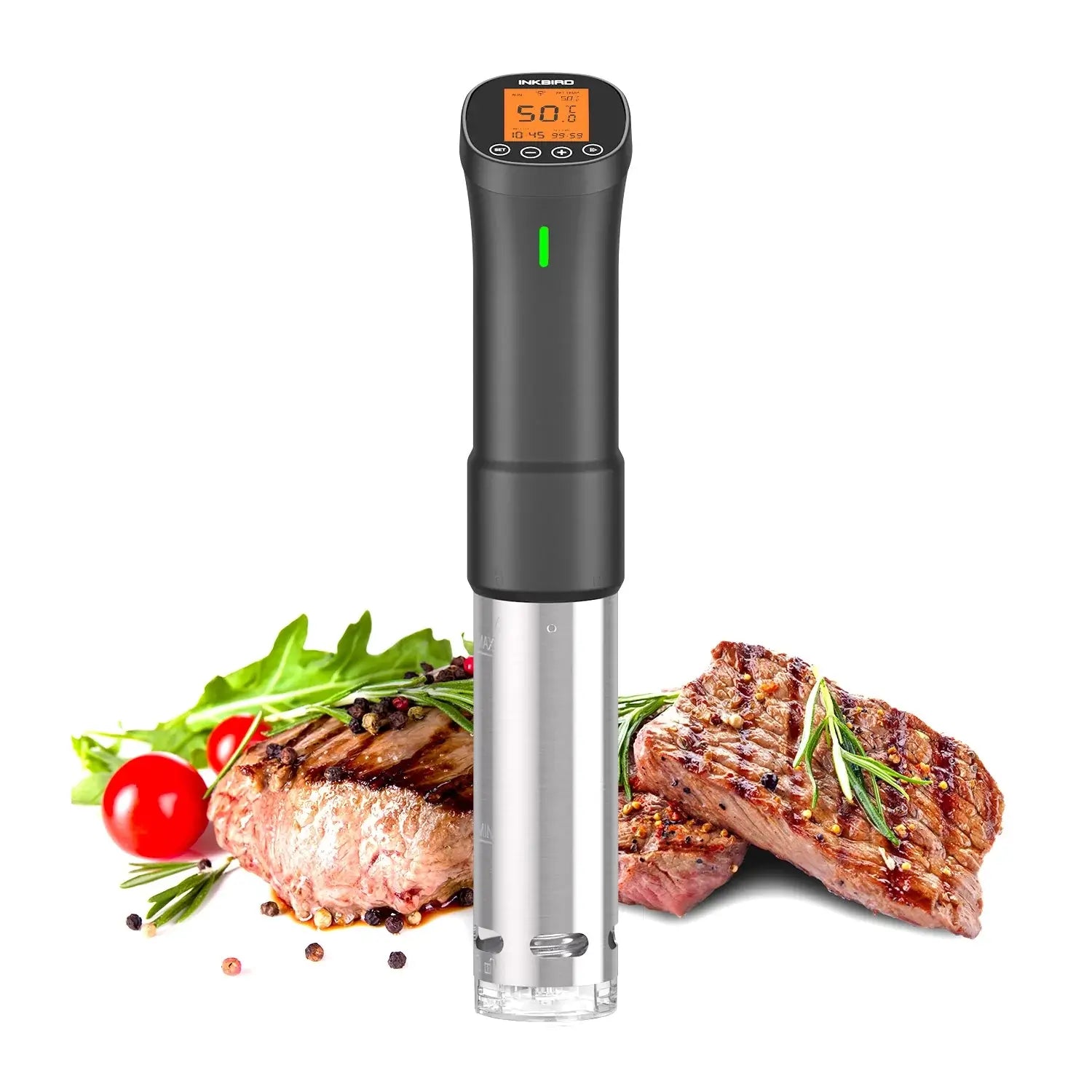 Inkbird sous vide cooker next to perfectly cooked steak
