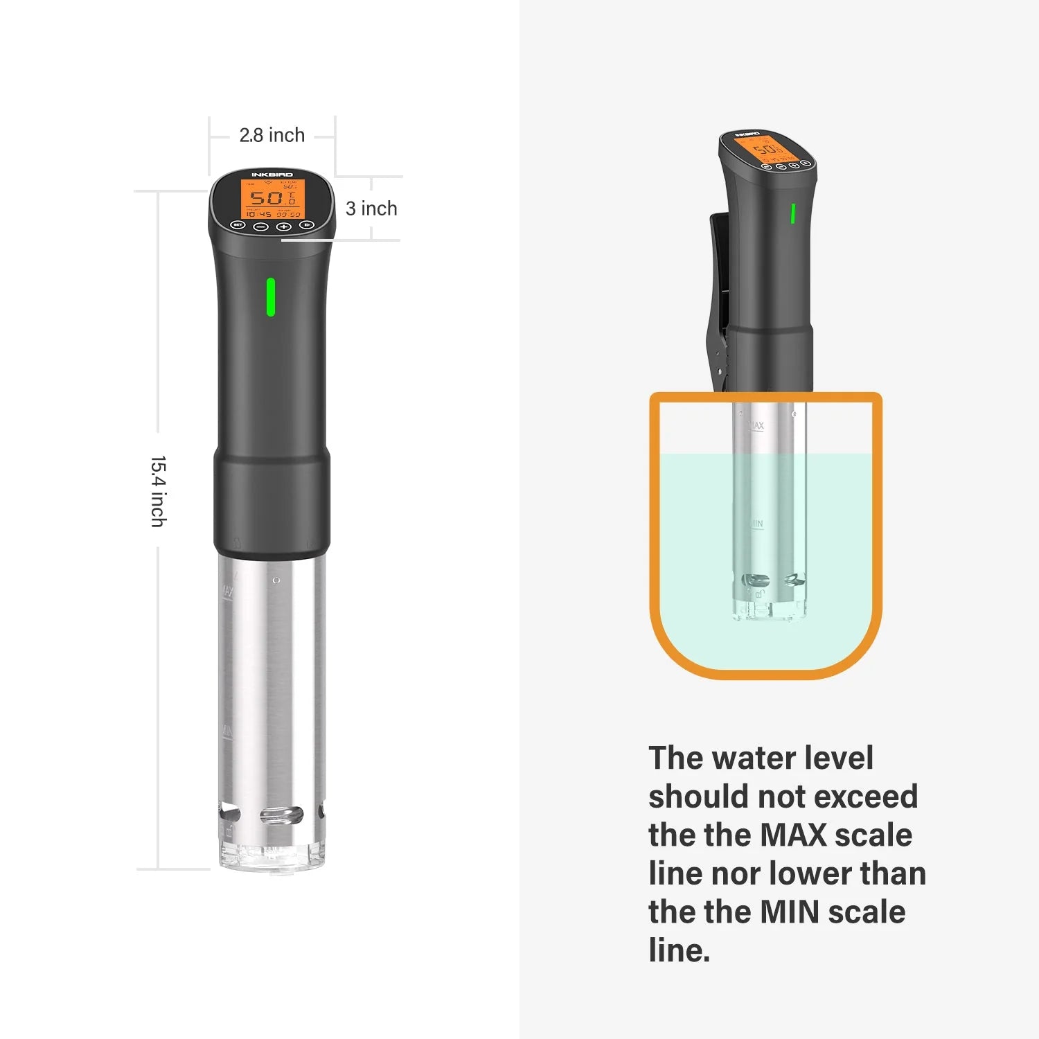 Sous vide immersion circulator showing water level indicator