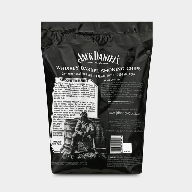 Back of Jack Daniel’s Whiskey Barrel Wood Chips 650g bag showing product details and smoking instructions