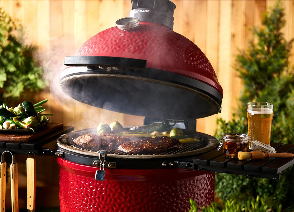 Kamado Joe Classic Joe II ceramic charcoal BBQ with Air Lift hinge open