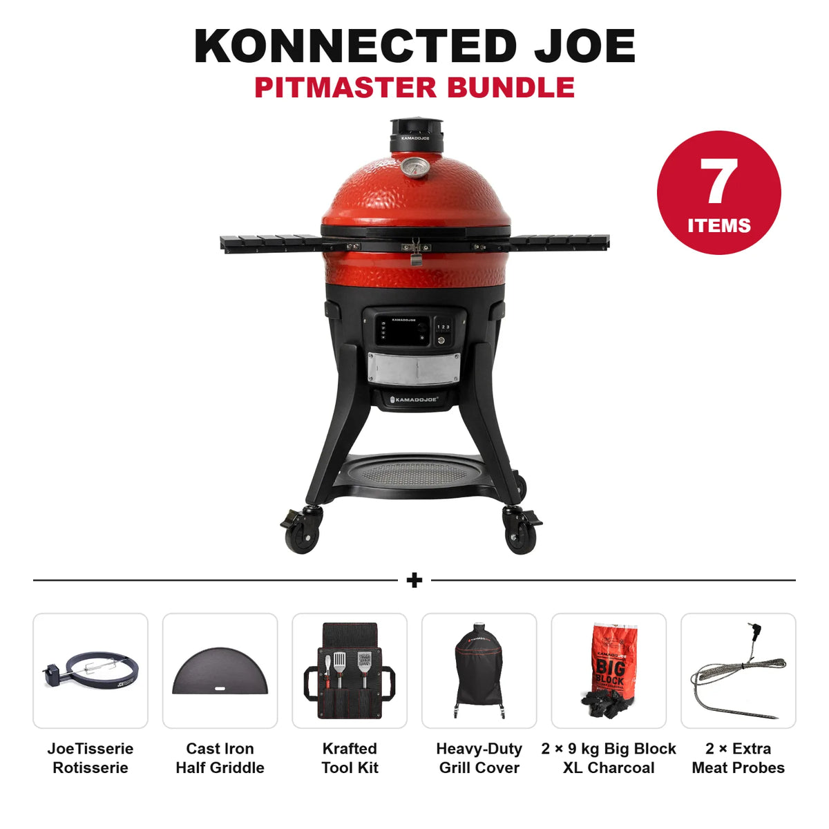Kamado Joe Konnected Joe Pitmaster Bundle: grill with JoeTisserie, cast iron half griddle, Krafted tool kit, heavy-duty cover, 2 x 9 kg Big Block XL charcoal and 2 extra meat probes