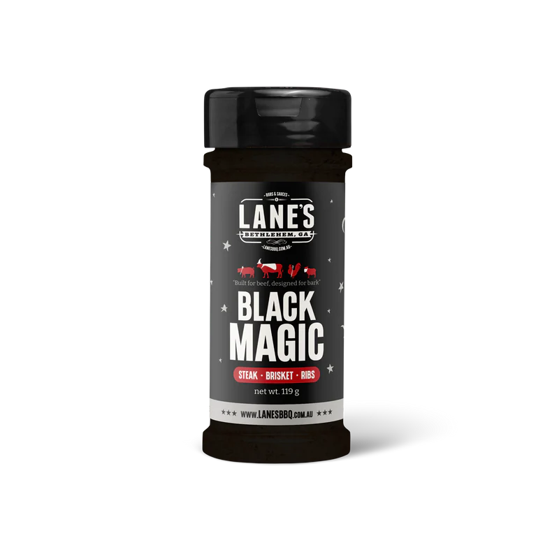 Lane’s Black Magic BBQ rub 129g bottle product image on black background
