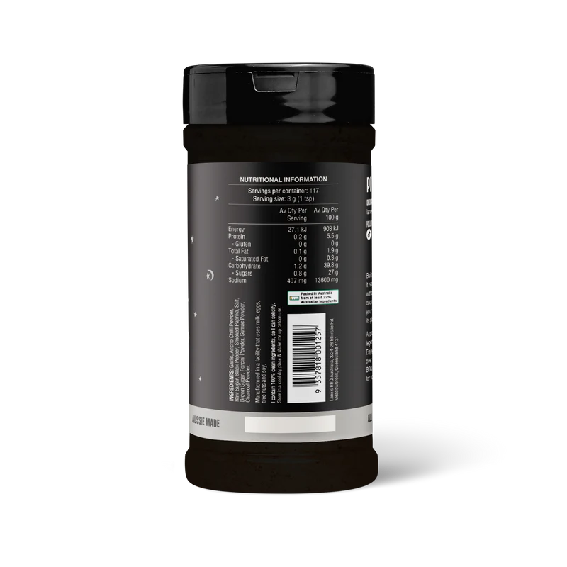 Back label of Lane’s Black Magic BBQ rub showing ingredients and nutritional information