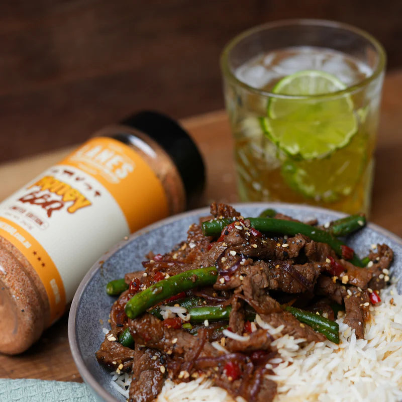 Beef stir fry with vegetables seasoned using Lane’s Honey BBQ Rub