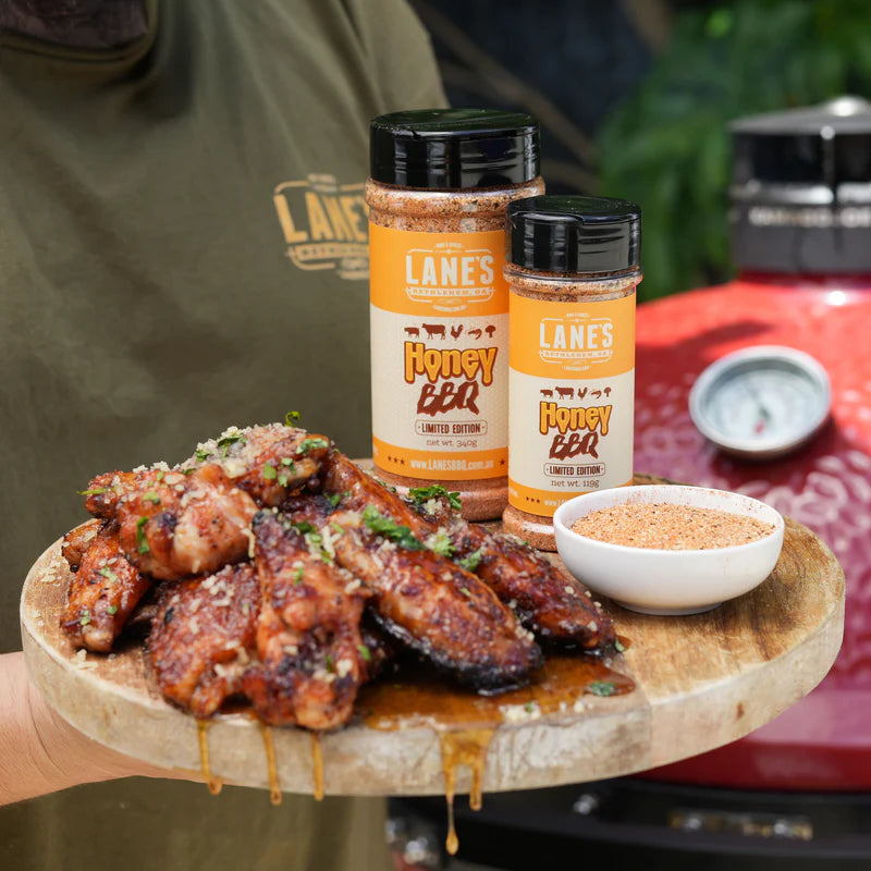 BBQ chicken wings glazed and served with Lane’s Honey BBQ Rub seasoning
