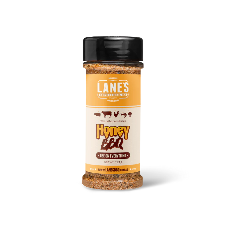 Lane’s Honey BBQ Rub 119g bottle isolated on black background