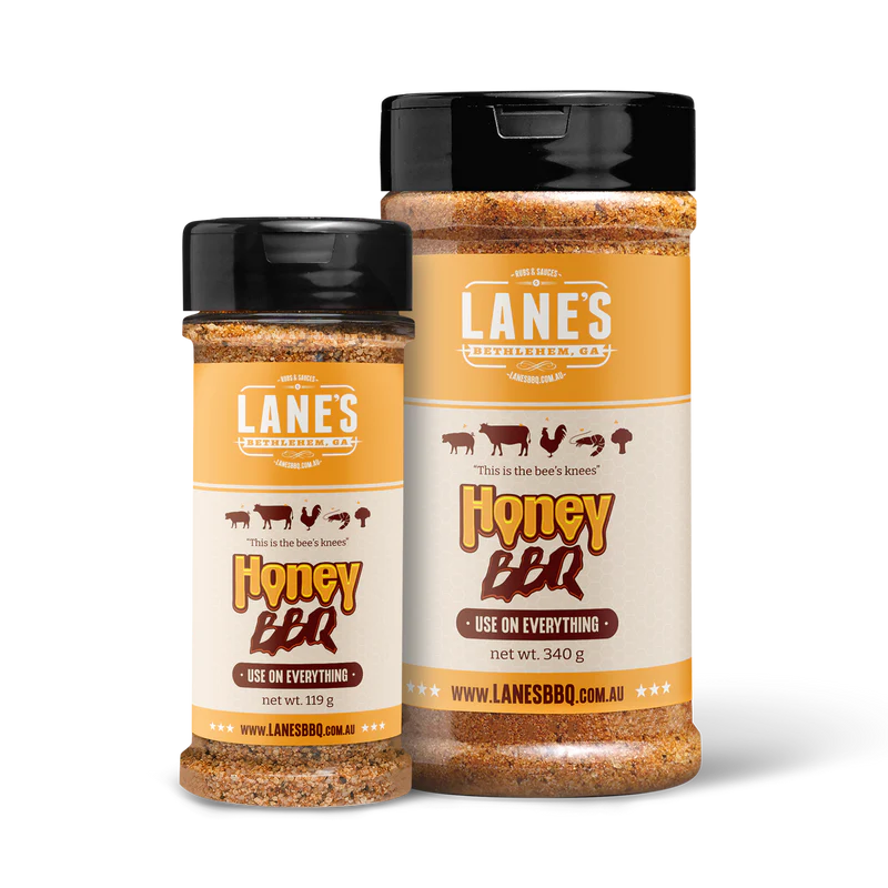 Lane’s Honey BBQ Rub duo pack showing two seasoning bottles on black background