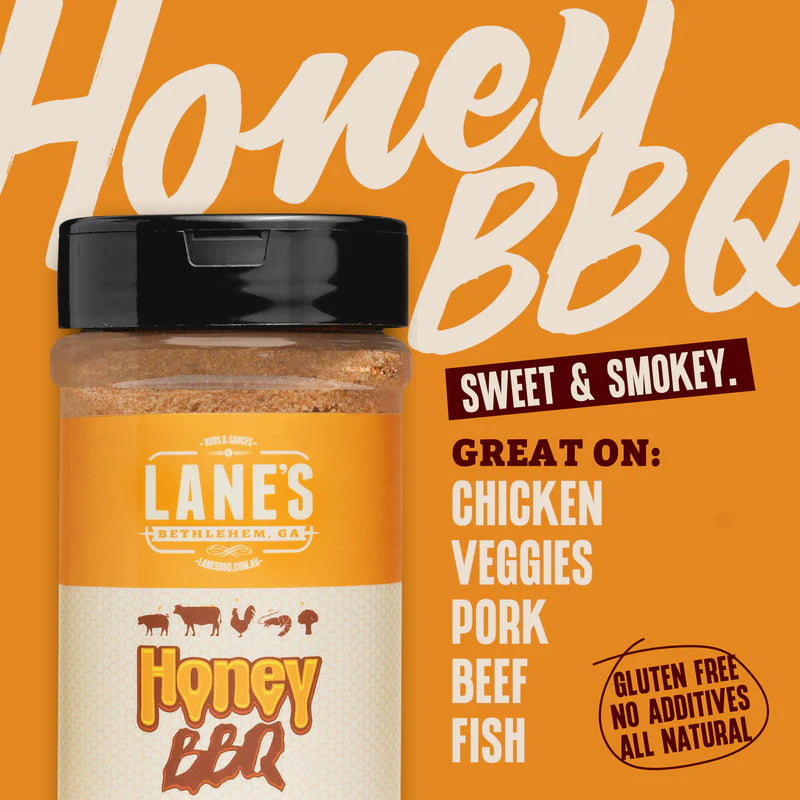 Lane’s Honey BBQ Rub sweet and smoky seasoning label with usage suggestions