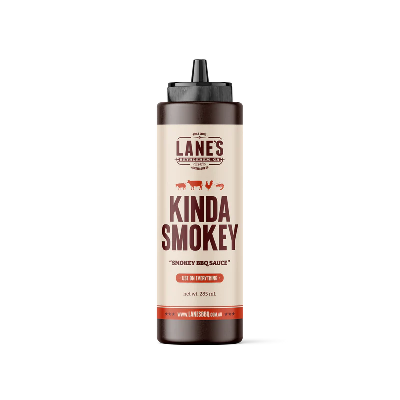 Lane’s Kinda Smokey BBQ sauce 285mL squeeze bottle with sweet smoky flavour for ribs wings and pulled pork