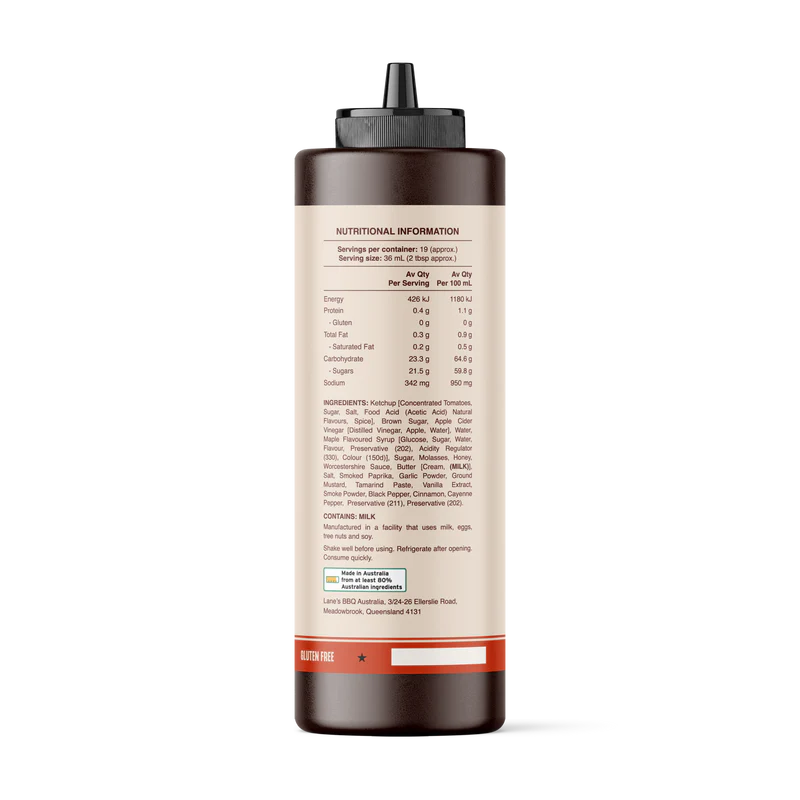 Back label of Lane’s Kinda Smokey BBQ sauce showing ingredients nutritional information and gluten free details