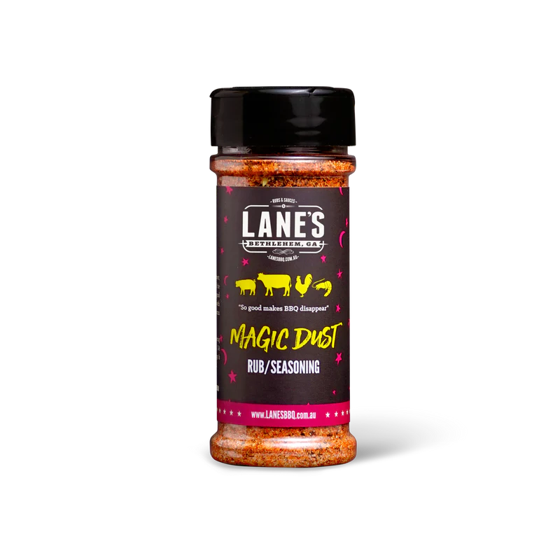 Lane’s Magic Dust BBQ rub 124g bottle product image on black background