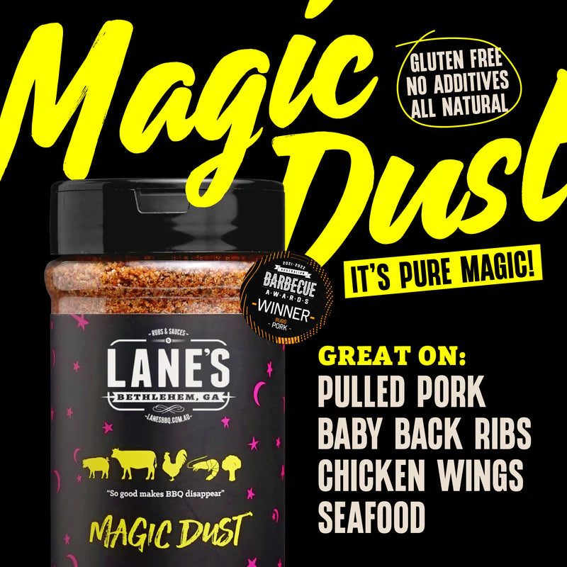 Lane’s Magic Dust BBQ rub labelled for pulled pork ribs chicken wings and seafood