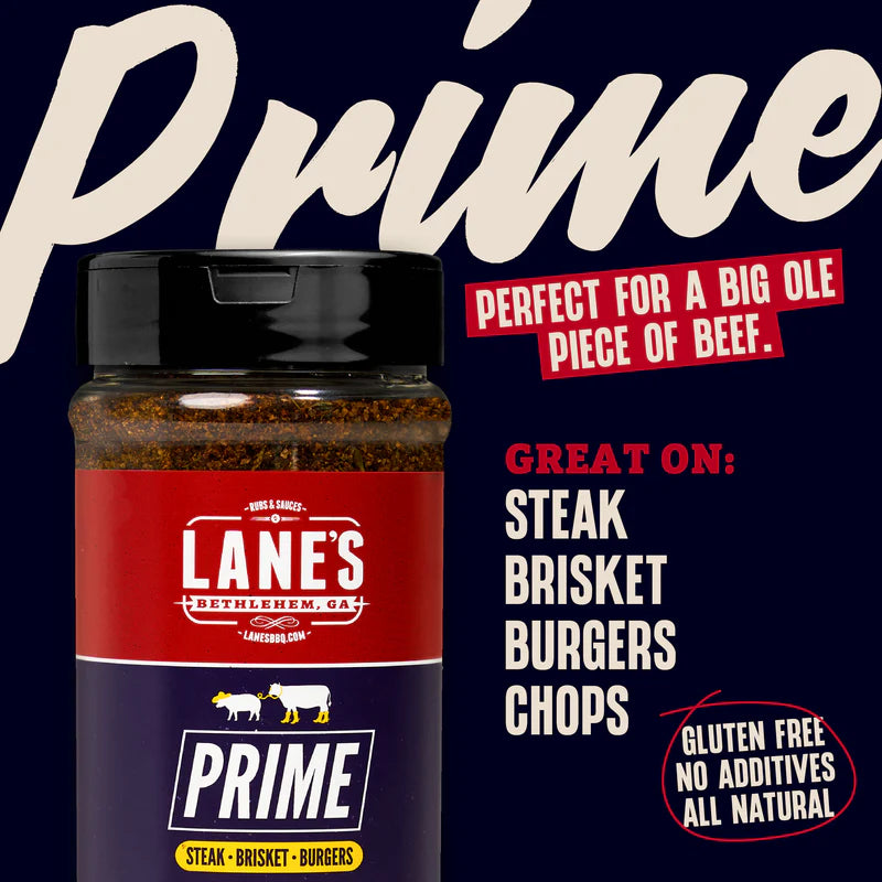 Lane’s Prime BBQ rub graphic showing best uses for steak brisket burgers and chops