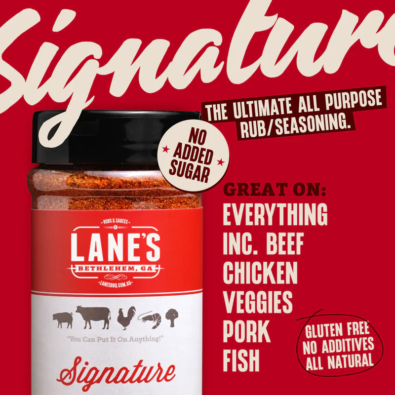 Lane’s Signature Rub all purpose BBQ seasoning graphic showing use on beef chicken veggies pork and fish